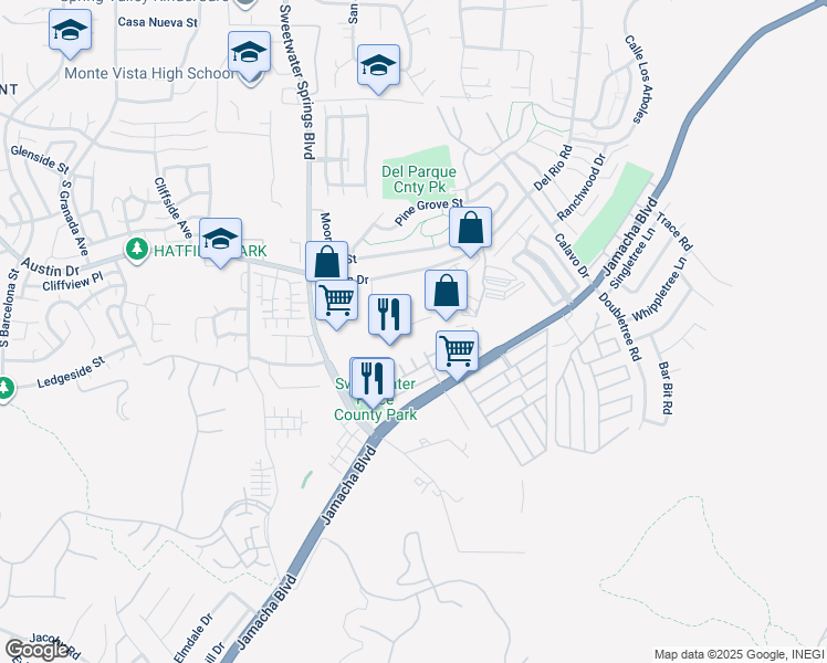 map of restaurants, bars, coffee shops, grocery stores, and more near 2746 Via Orange Way in Spring Valley