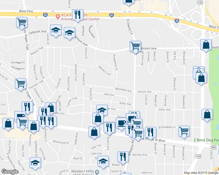 map of restaurants, bars, coffee shops, grocery stores, and more near 8114 Marydean Avenue in Fort Worth