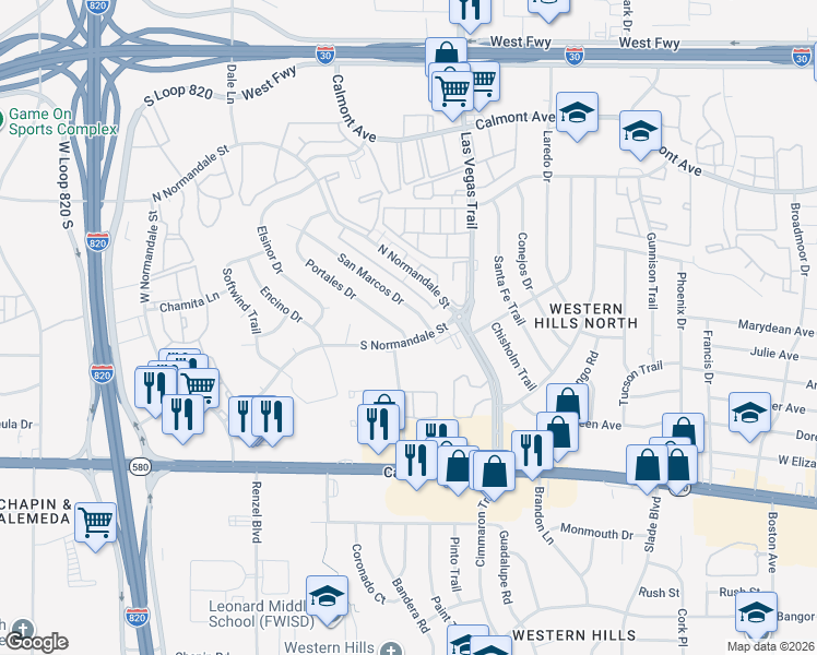 map of restaurants, bars, coffee shops, grocery stores, and more near 3045 Portales Drive in Fort Worth