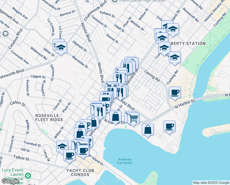 map of restaurants, bars, coffee shops, grocery stores, and more near 3018-20 Nimitz Boulevard in San Diego