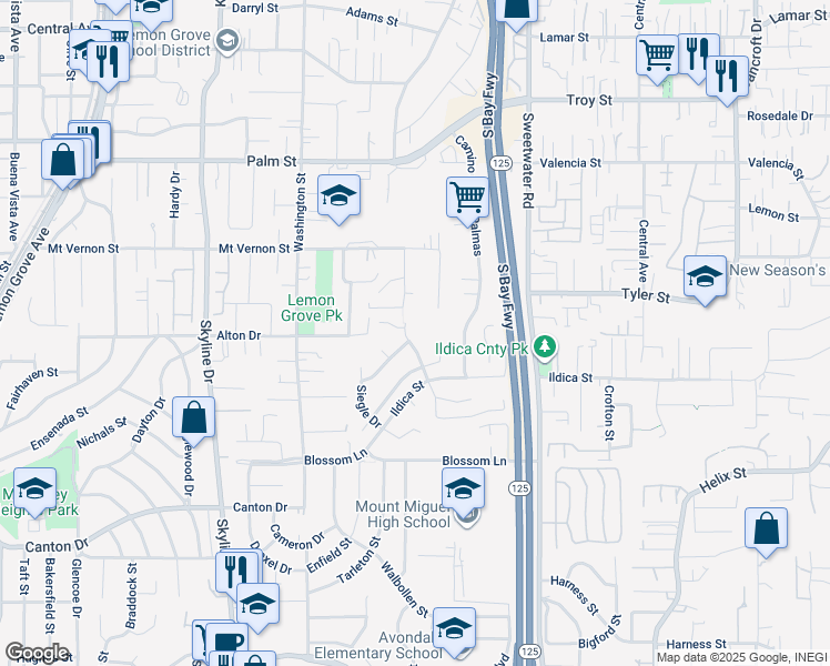 map of restaurants, bars, coffee shops, grocery stores, and more near 8409 Elkhorn Street in Lemon Grove