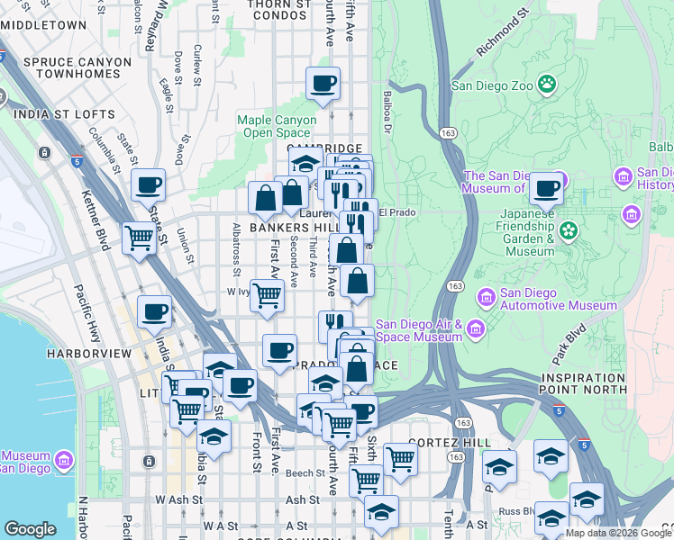 map of restaurants, bars, coffee shops, grocery stores, and more near in San Diego