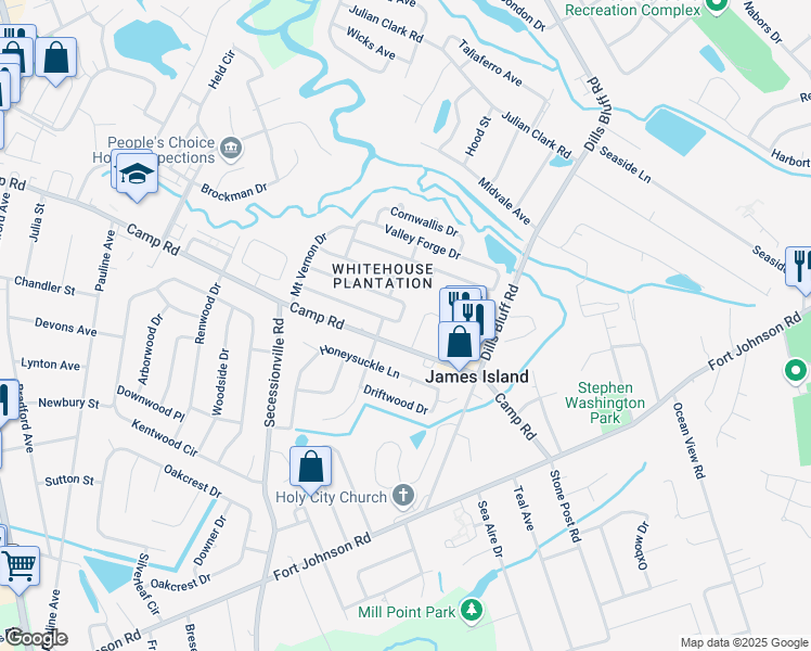 map of restaurants, bars, coffee shops, grocery stores, and more near 1310 Camp Road in Charleston