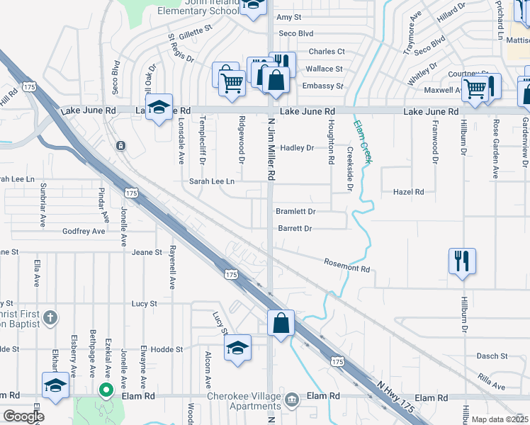 map of restaurants, bars, coffee shops, grocery stores, and more near 945 North Jim Miller Road in Dallas