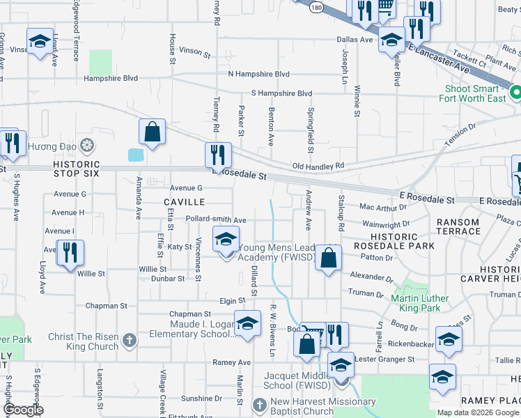 map of restaurants, bars, coffee shops, grocery stores, and more near 5209 Calumet Street in Fort Worth