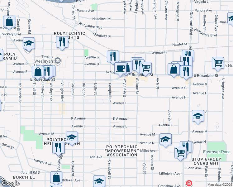 map of restaurants, bars, coffee shops, grocery stores, and more near 3618 Avenue H in Fort Worth