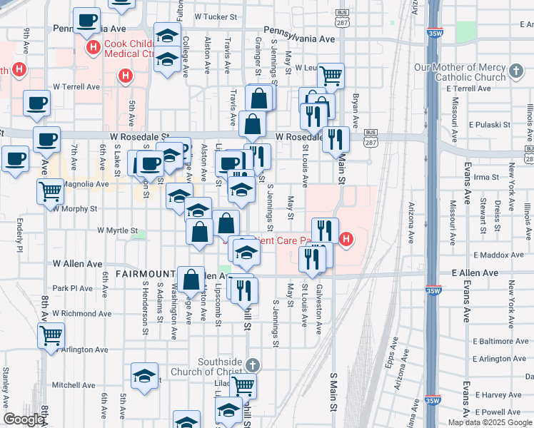 map of restaurants, bars, coffee shops, grocery stores, and more near 1424 South Jennings Avenue in Fort Worth
