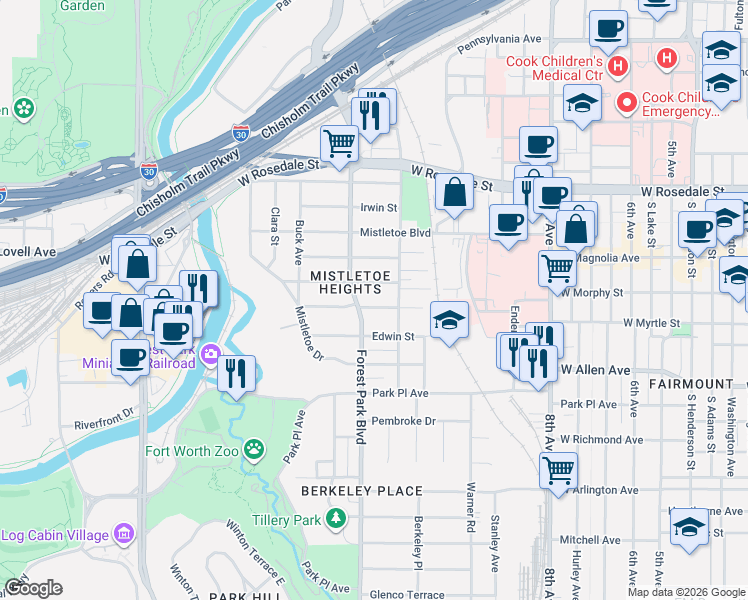 map of restaurants, bars, coffee shops, grocery stores, and more near 2221 Mistletoe Avenue in Fort Worth