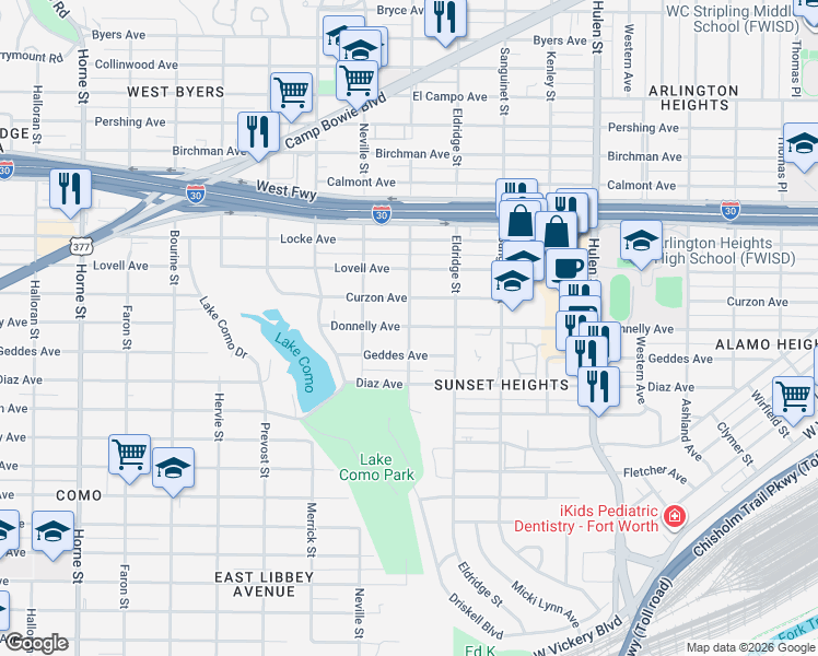 map of restaurants, bars, coffee shops, grocery stores, and more near 4936 Geddes Avenue in Fort Worth