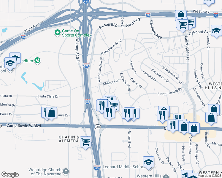 map of restaurants, bars, coffee shops, grocery stores, and more near 3003 Friendship Oak Street in Fort Worth