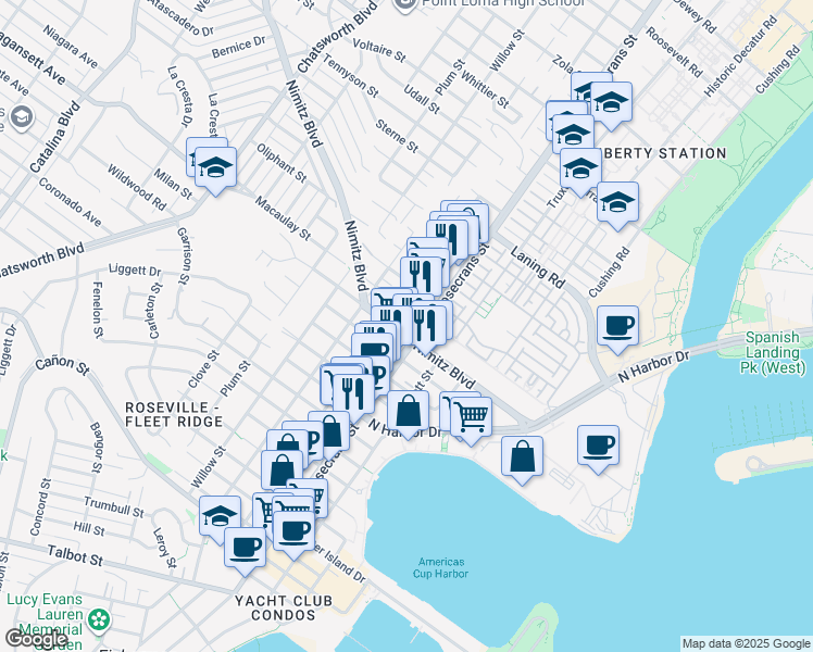 map of restaurants, bars, coffee shops, grocery stores, and more near 3018-20 Nimitz Boulevard in San Diego