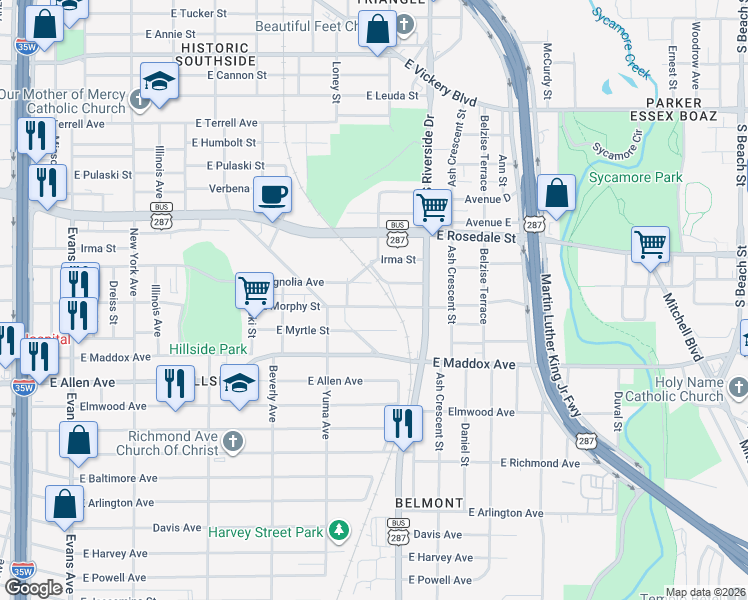 map of restaurants, bars, coffee shops, grocery stores, and more near 1500 East Morphy Street in Fort Worth