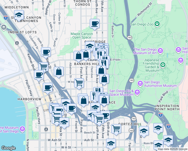 map of restaurants, bars, coffee shops, grocery stores, and more near 2295 3rd Avenue in San Diego