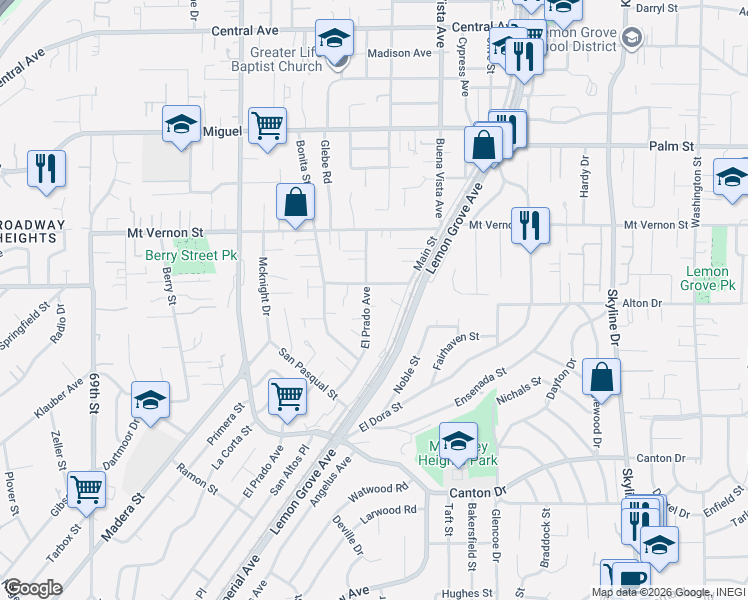 map of restaurants, bars, coffee shops, grocery stores, and more near 2235 El Prado Avenue in Lemon Grove