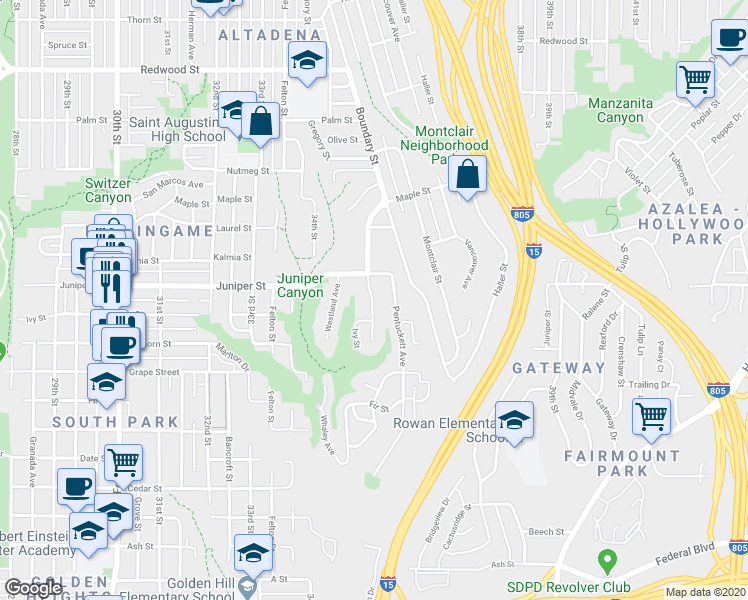 map of restaurants, bars, coffee shops, grocery stores, and more near 2239 Commonwealth Avenue in San Diego
