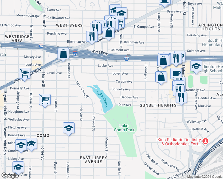 map of restaurants, bars, coffee shops, grocery stores, and more near 5125 Donnelly Avenue in Fort Worth