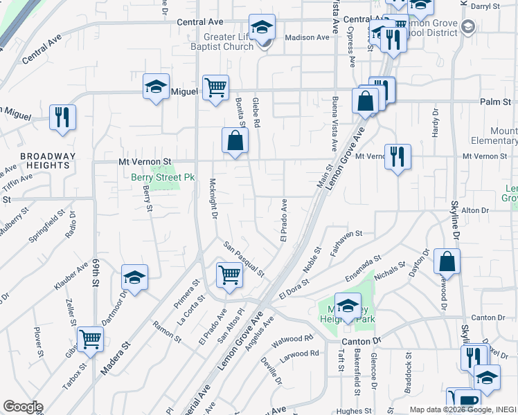 map of restaurants, bars, coffee shops, grocery stores, and more near 2243 Bonita Street in Lemon Grove