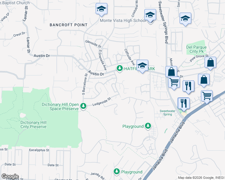 map of restaurants, bars, coffee shops, grocery stores, and more near 2230 Ledgeview Lane in Spring Valley