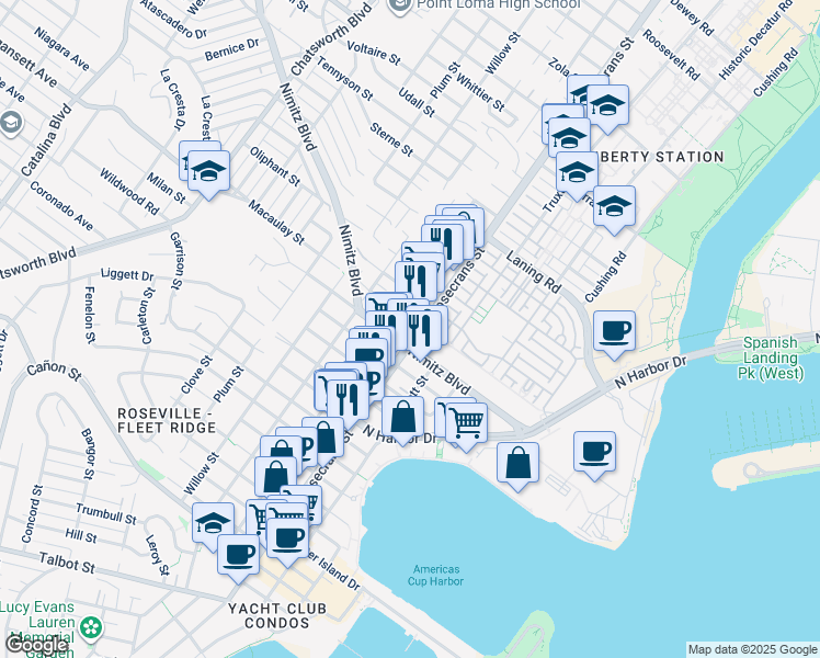 map of restaurants, bars, coffee shops, grocery stores, and more near 1651 Rosecrans Street in San Diego