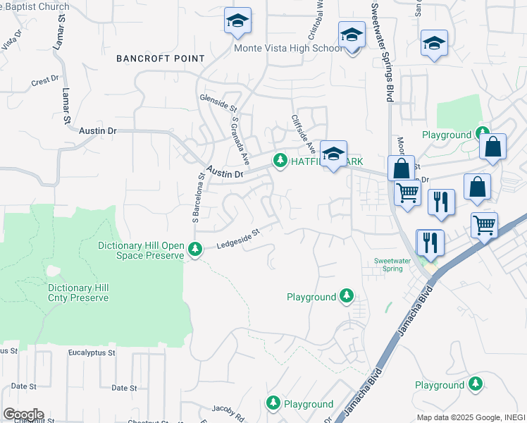 map of restaurants, bars, coffee shops, grocery stores, and more near 2230 Ledgeview Lane in Spring Valley