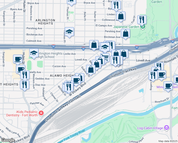 map of restaurants, bars, coffee shops, grocery stores, and more near 3978 West Vickery Boulevard in Fort Worth