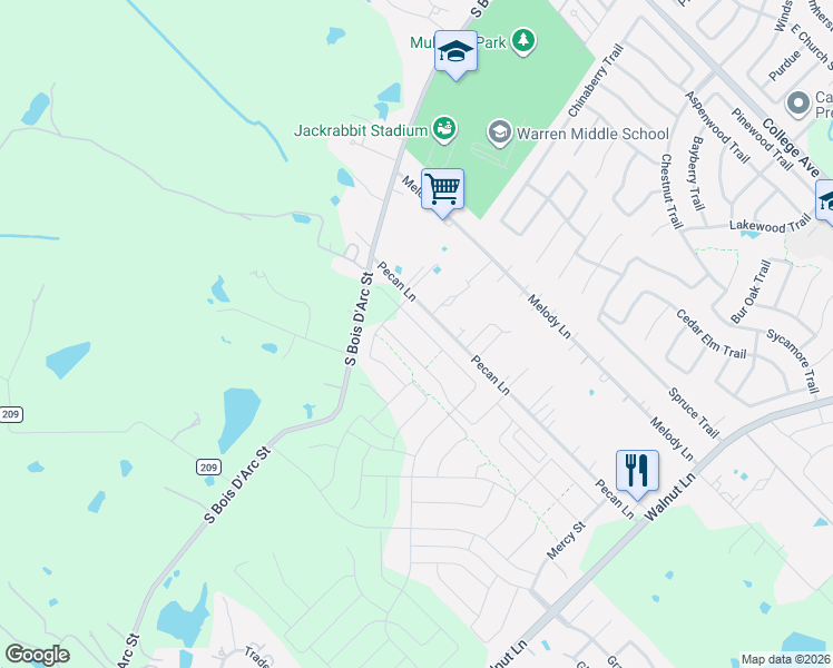 map of restaurants, bars, coffee shops, grocery stores, and more near 14227-14237 Pecan Lane in Forney