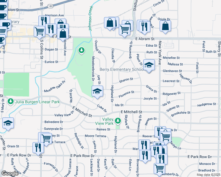 map of restaurants, bars, coffee shops, grocery stores, and more near 608 Highland Drive in Arlington