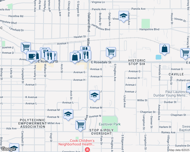 map of restaurants, bars, coffee shops, grocery stores, and more near 1613 Miller Avenue in Fort Worth