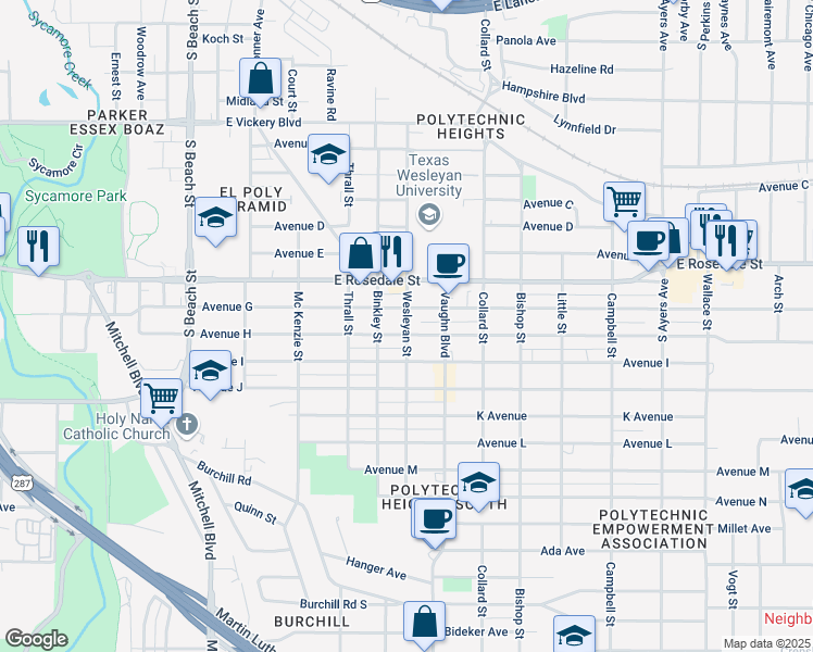 map of restaurants, bars, coffee shops, grocery stores, and more near 1613 Wesleyan Street in Fort Worth