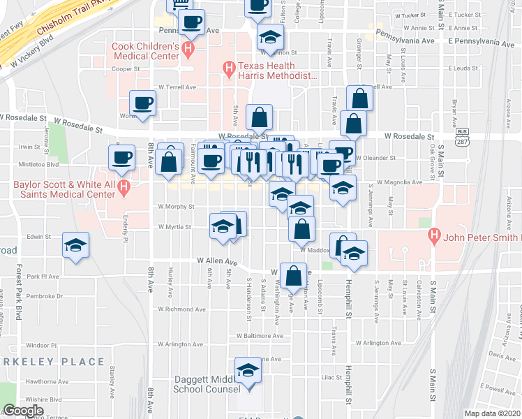 map of restaurants, bars, coffee shops, grocery stores, and more near 1421 South Adams Street in Fort Worth