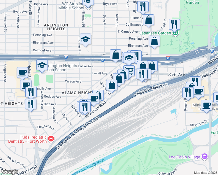 map of restaurants, bars, coffee shops, grocery stores, and more near 3978 West Vickery Boulevard in Fort Worth