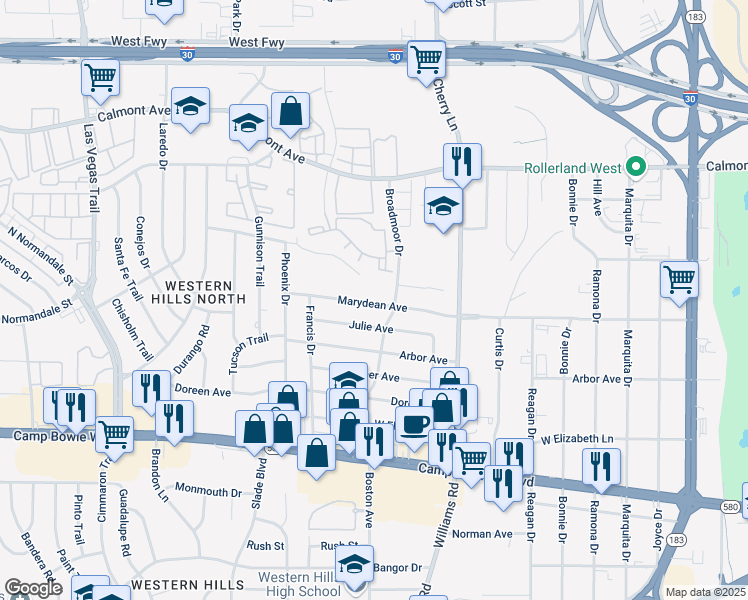 map of restaurants, bars, coffee shops, grocery stores, and more near 8118 Julie Avenue in Fort Worth