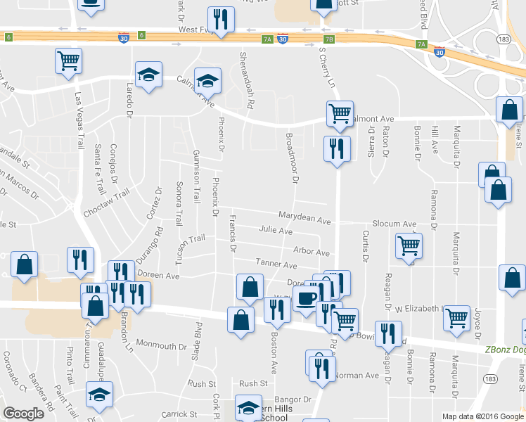 map of restaurants, bars, coffee shops, grocery stores, and more near 8118 Julie Avenue in Fort Worth