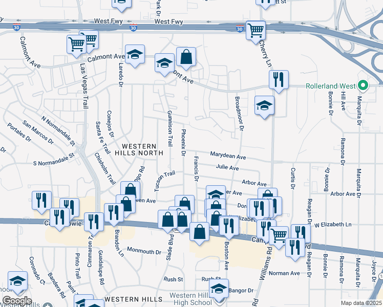 map of restaurants, bars, coffee shops, grocery stores, and more near 3109 Phoenix Drive in Fort Worth