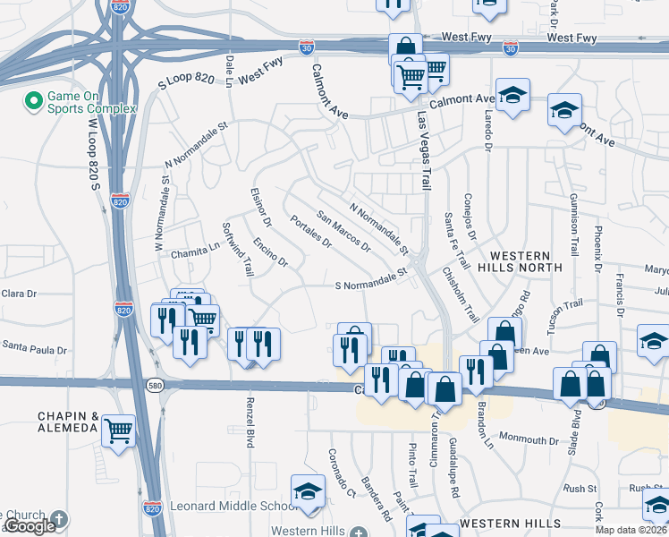map of restaurants, bars, coffee shops, grocery stores, and more near 3062 Casita Court in Fort Worth