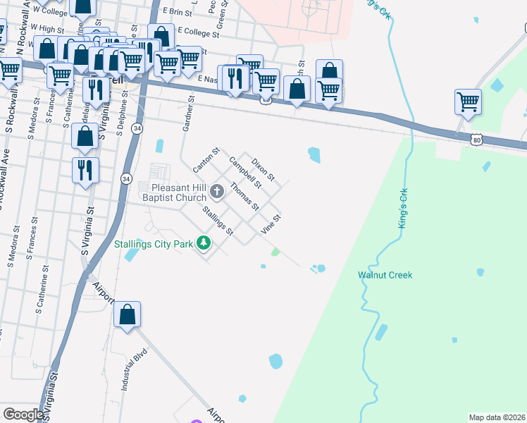 map of restaurants, bars, coffee shops, grocery stores, and more near 508 Thomas Street in Terrell