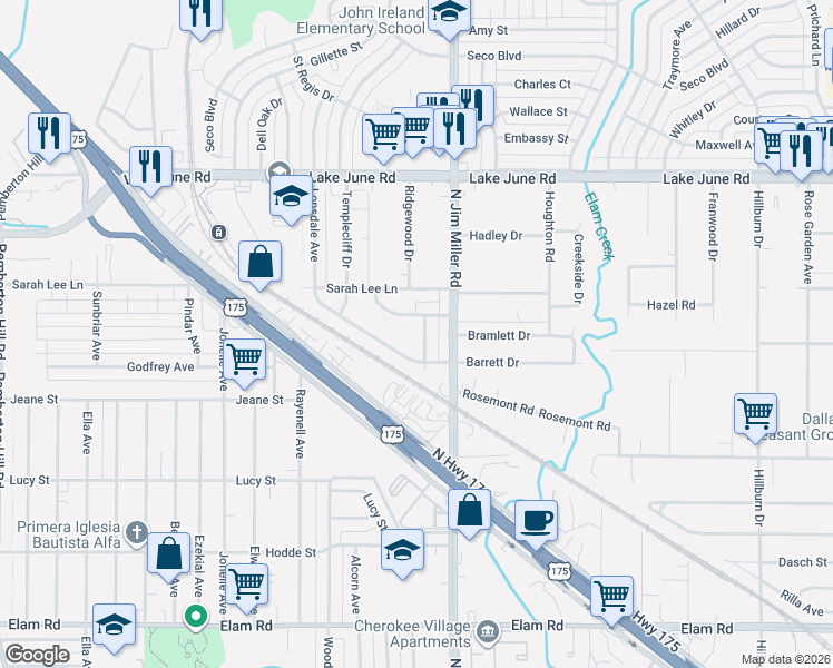 map of restaurants, bars, coffee shops, grocery stores, and more near 6948 Barrett Drive in Dallas