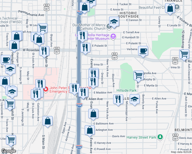 map of restaurants, bars, coffee shops, grocery stores, and more near 1415 Stewart Street in Fort Worth