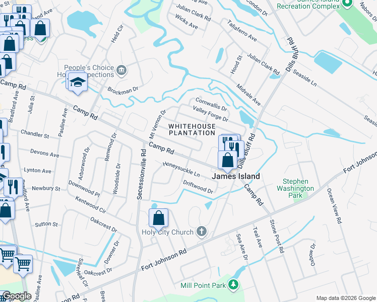 map of restaurants, bars, coffee shops, grocery stores, and more near 1329 Camp Road in Charleston