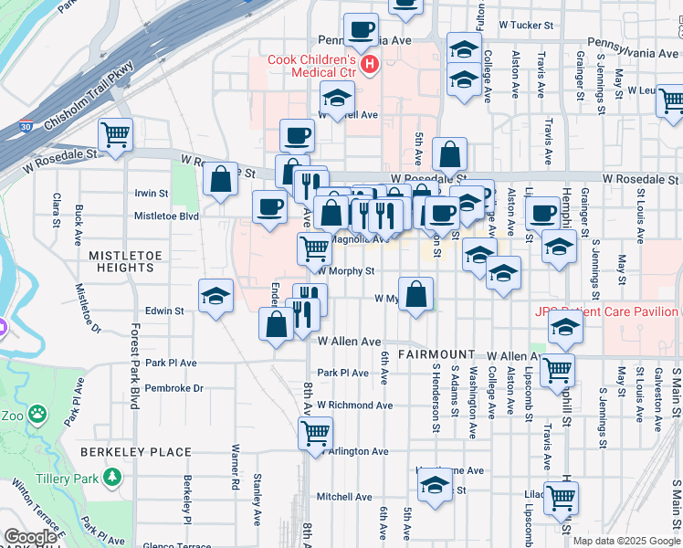 map of restaurants, bars, coffee shops, grocery stores, and more near 1419 Hurley Avenue in Fort Worth