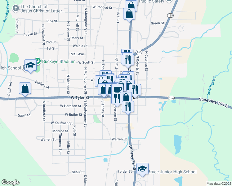 map of restaurants, bars, coffee shops, grocery stores, and more near 100 West Tyler Street in Gilmer