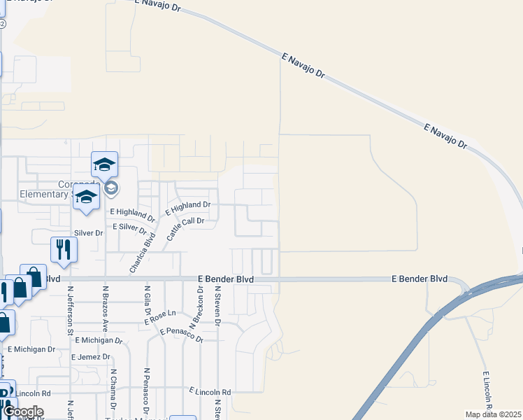 map of restaurants, bars, coffee shops, grocery stores, and more near 2103 Highland Drive in Hobbs