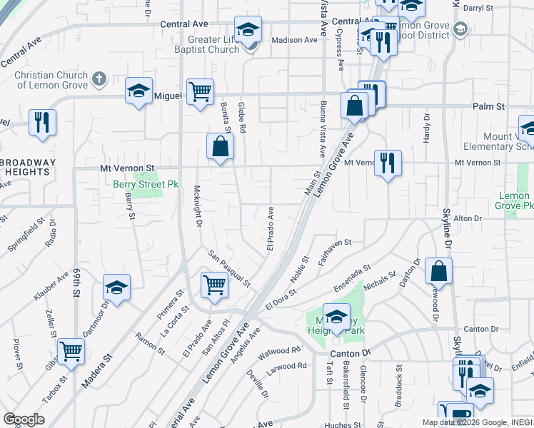 map of restaurants, bars, coffee shops, grocery stores, and more near 2256 El Prado Avenue in Lemon Grove