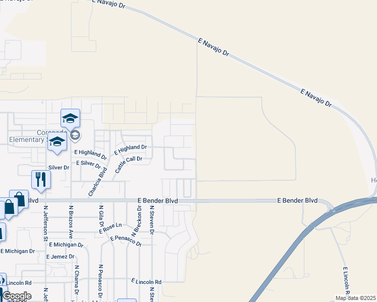 map of restaurants, bars, coffee shops, grocery stores, and more near 2115 Highland Drive in Hobbs
