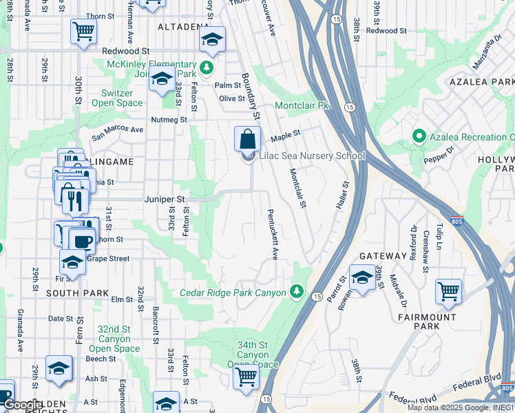 map of restaurants, bars, coffee shops, grocery stores, and more near 2255 Commonwealth Avenue in San Diego