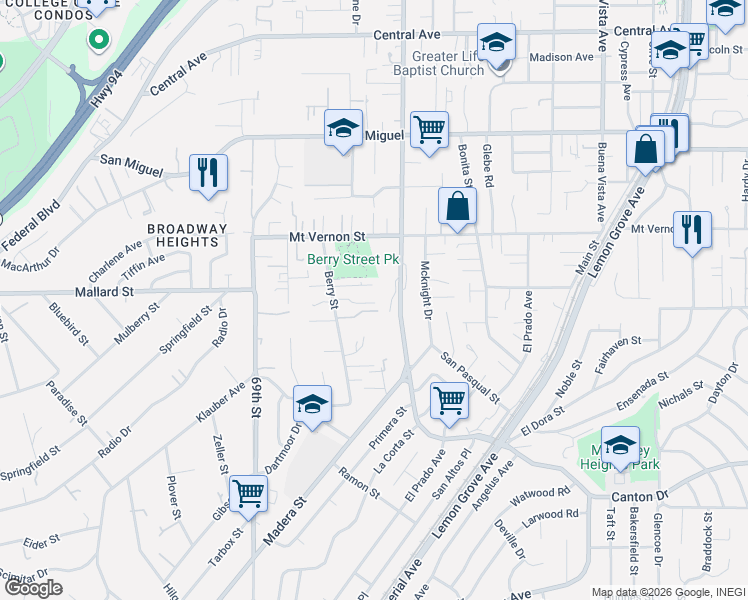 map of restaurants, bars, coffee shops, grocery stores, and more near 2273-75 Berry Street in Lemon Grove
