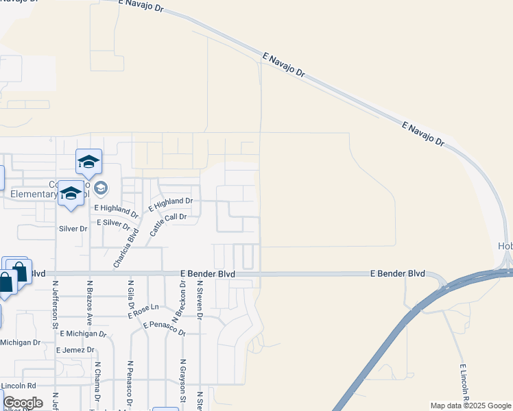 map of restaurants, bars, coffee shops, grocery stores, and more near 2127 Highland Drive in Hobbs