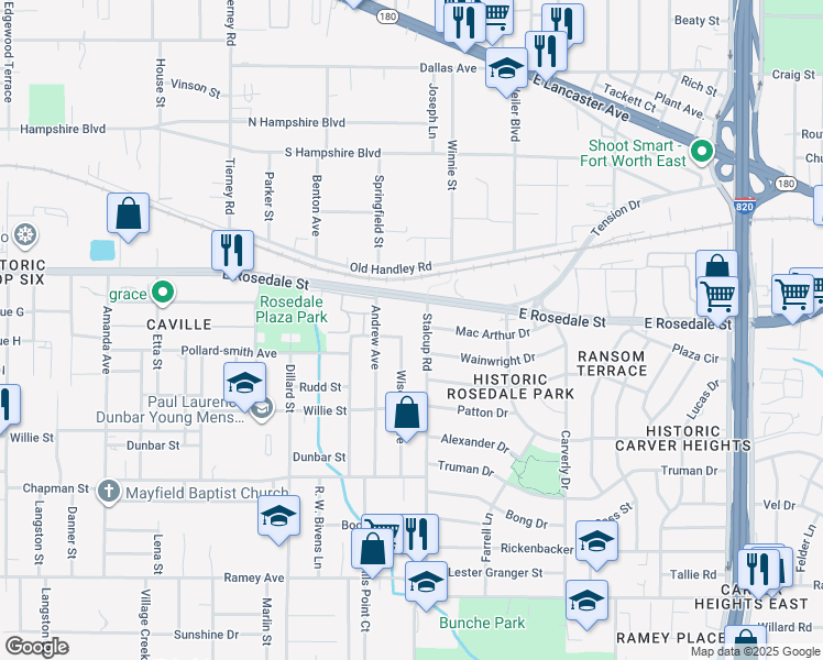 map of restaurants, bars, coffee shops, grocery stores, and more near 5400 East Rosedale Street in Fort Worth