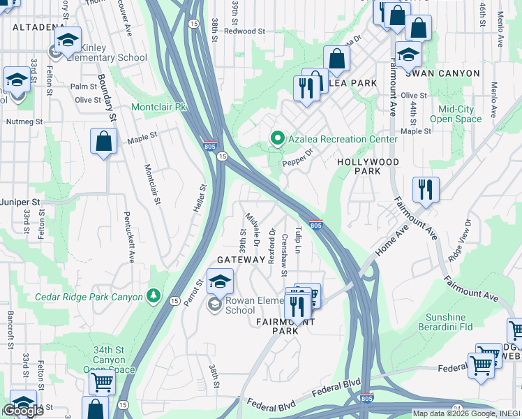 map of restaurants, bars, coffee shops, grocery stores, and more near 3940 Juniper Street in San Diego