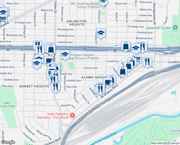 map of restaurants, bars, coffee shops, grocery stores, and more near 4220 Curzon Avenue in Fort Worth